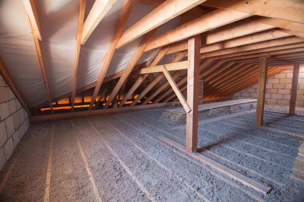Attic filled with cellulose insulation